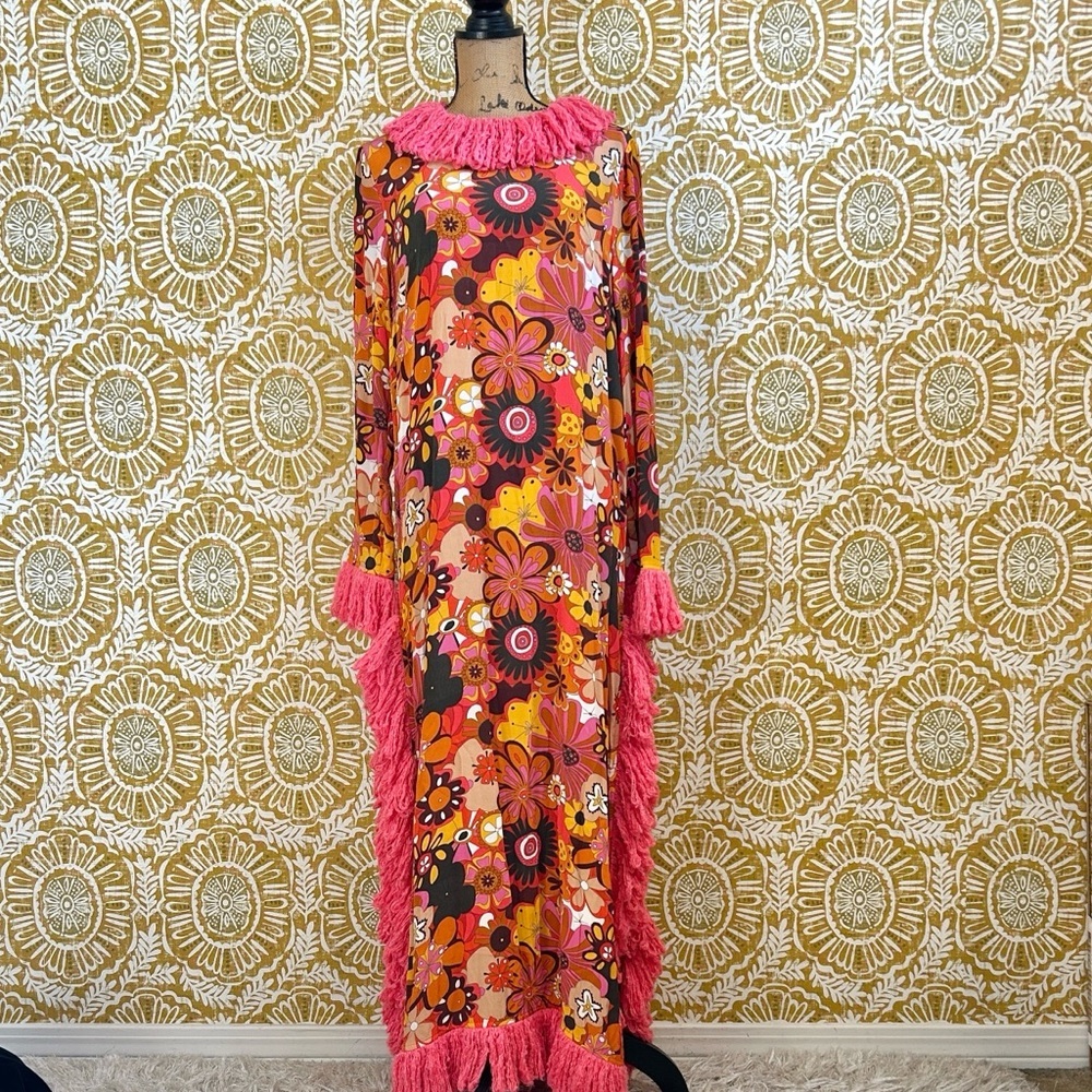 NWT CeliaB Gongga Orange Floral Fringe Trim Long Sleeve Maxi Dress Sz M RARE - Picture 7 of 16